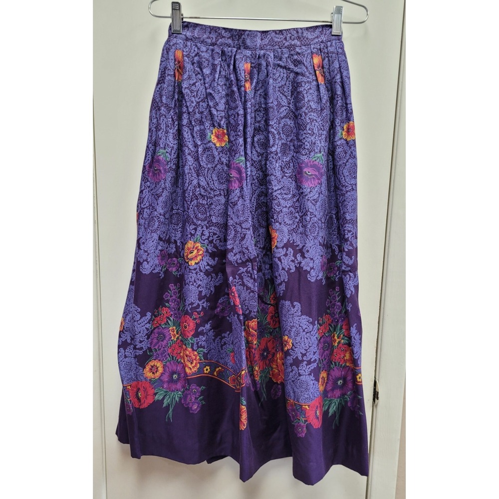 VTG Susan Bristol WOMEN'S skirt purple floral fit&flare pleated rayon‎  SIZE 6 - Picture 8 of 9